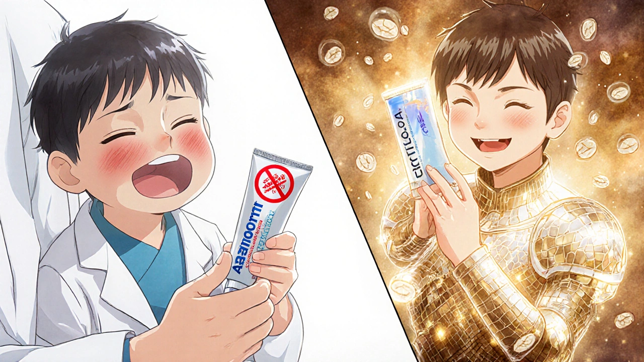 A child transitioning from using Aristocort to Eucrisa, with healing symbols around them.