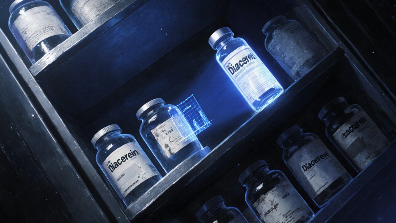A cosmic archive where old arthritis drugs fade as Diacerein glows with regeneration data.