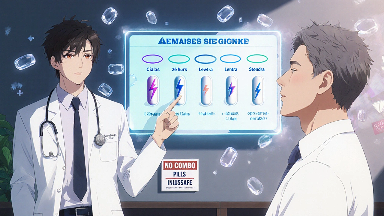 A doctor explains ED treatment options on a digital chart, highlighting safe alternatives.