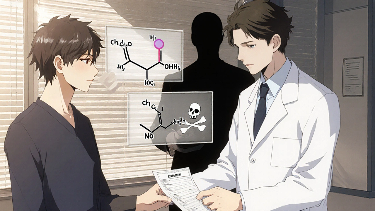 A doctor gives a prescription as chemical structures float nearby, contrasting with a dangerous counterfeit pill.