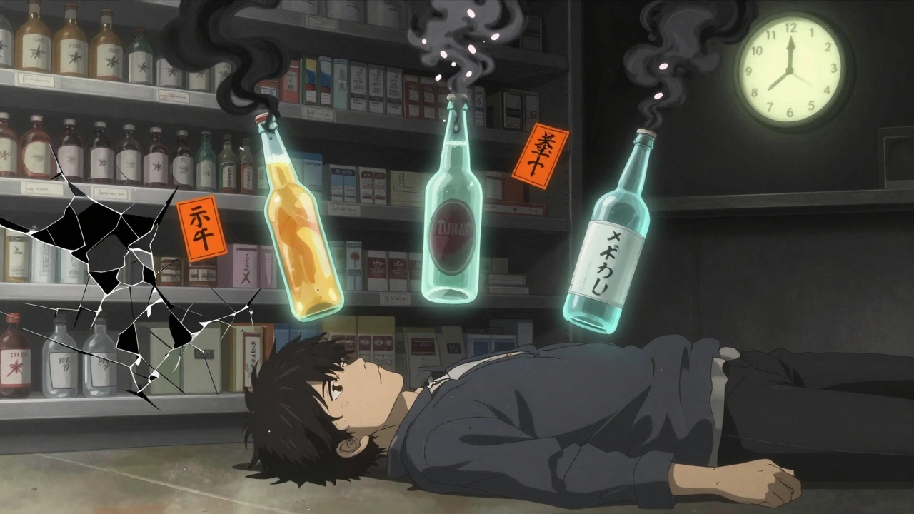 A man collapsed on the floor as ghostly alcohol bottles emit smoke that turns into pills.