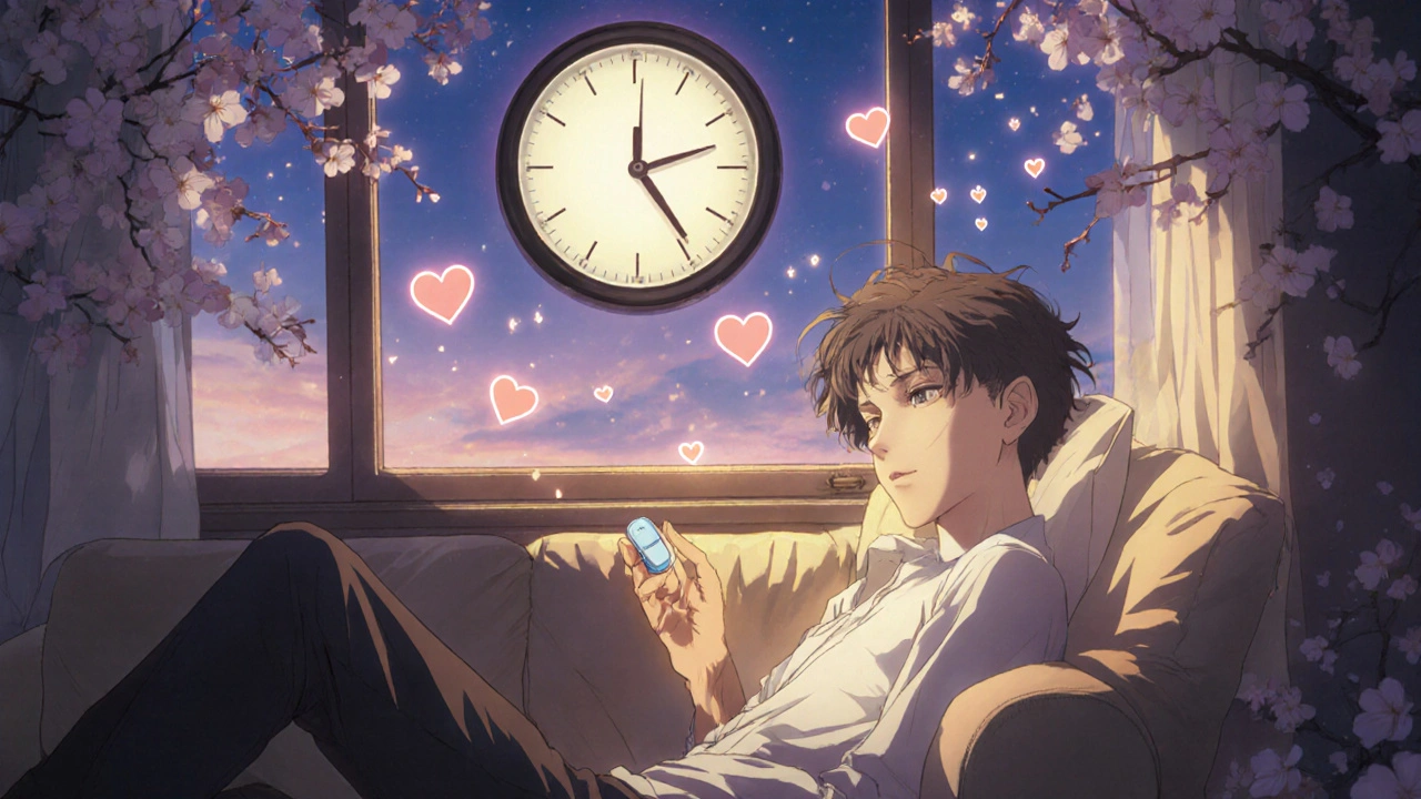 A man holding Cialis with a glowing clock showing 36-hour efficacy, cherry blossoms floating around him.