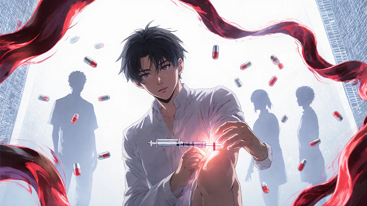 A man injecting alprostadil with glowing blood flow ribbons, past failed pills dissolving in the background.