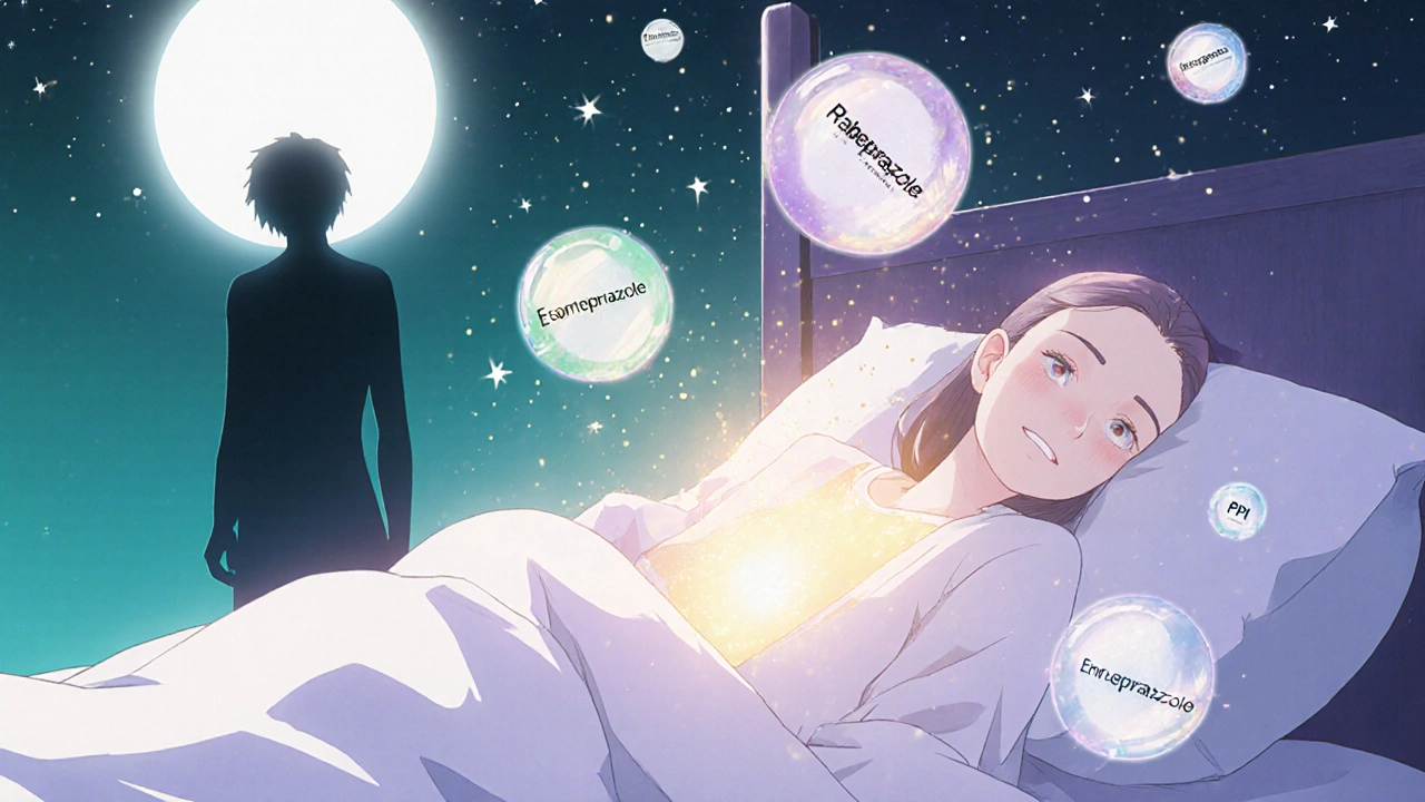 A person sleeping peacefully with floating PPI molecules orbiting like stars, representing acid control at night.