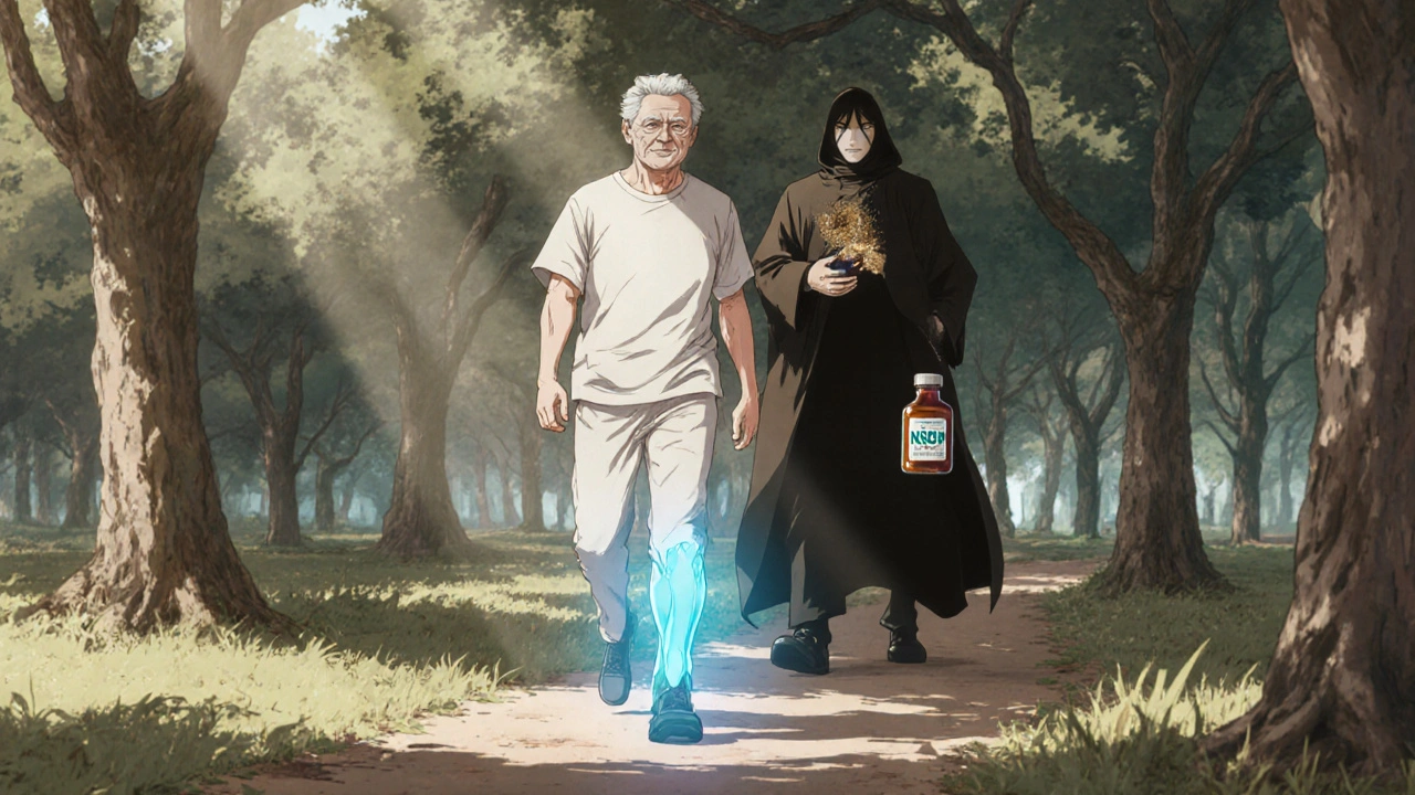 A person walking in a park with a healing aura around their knee, NSAIDs crumbling behind them.