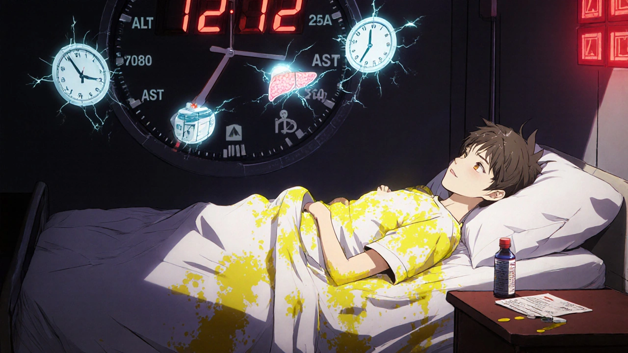 A person with spreading jaundice, floating medical icons, and a ticking clock above a hospital bed.