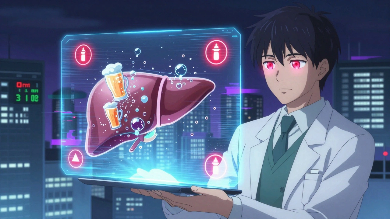 A pharmacist projects a hologram of a liver under attack from beer, wine, and spirits.