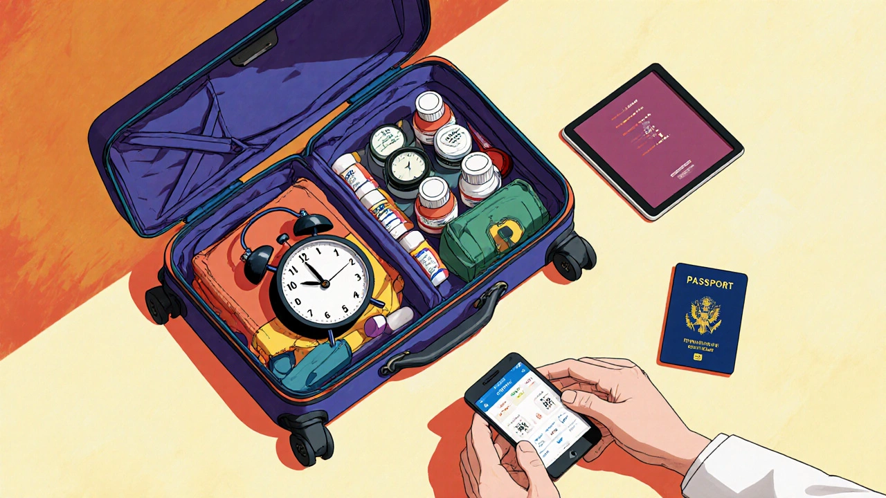 A suitcase open, showing medication bottles and travel insurance items beside a phone alarm.