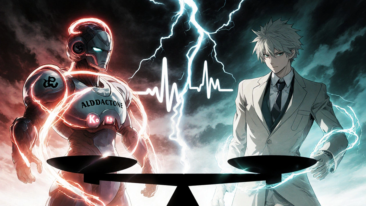 Abstract battle between Aldactone and Eplerenone figures on a scale balancing fluid and side effects.