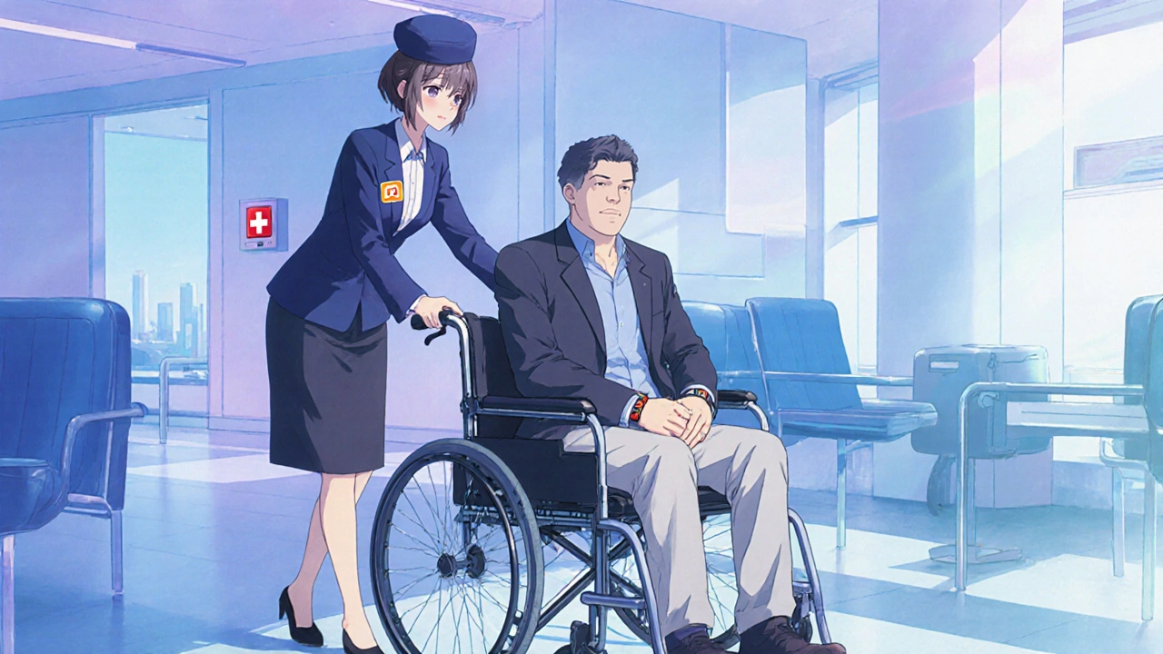An airport scene with a traveler, medical bracelet, and airline staff providing assistance.