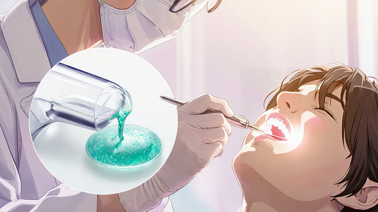 Anime depiction of a dentist applying magnesium hydroxide gel, with glowing enamel and futuristic sealant.