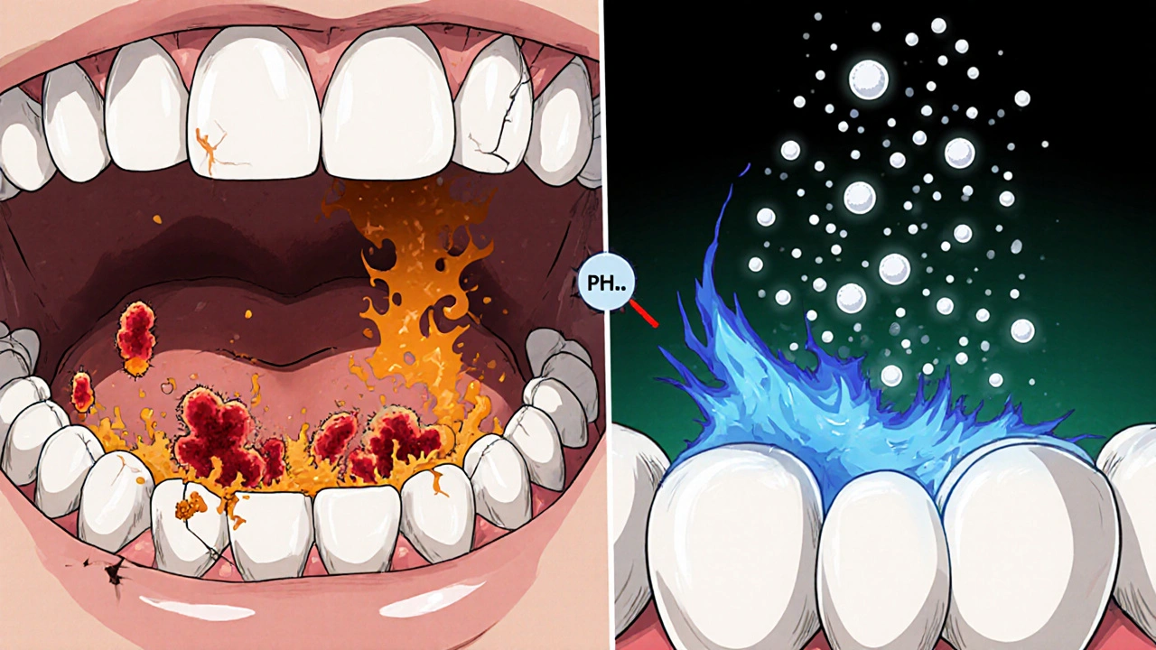 Anime illustration of bacteria producing acid on teeth, then magnesium hydroxide neutralizing it and protecting enamel.