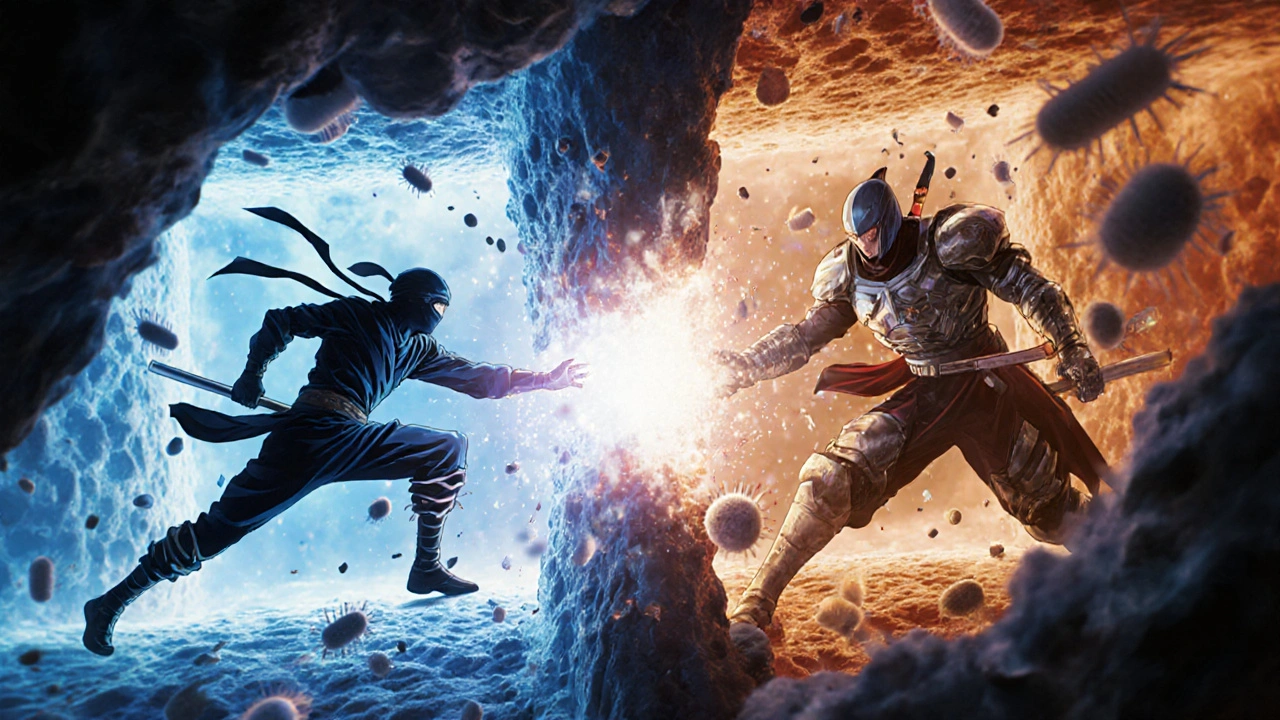 Antibiotics battling inside the body—ninja vs armored warrior in a cellular landscape.