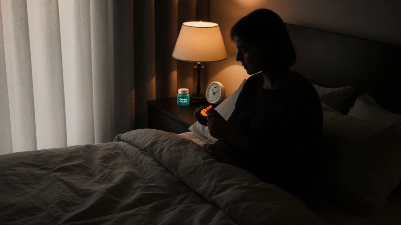 Calm sunrise bedroom with person taking rifampin and melatonin, showing sleep‑hygiene.