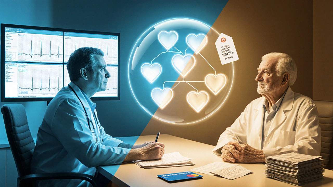 Cardiologist and patient discussing treatment, half showing monitoring, half showing costs.