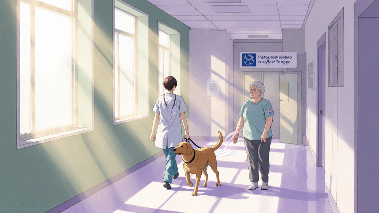 Caregiver walking with a therapy dog toward a resident in a calm hallway, conveying a soothing therapy session.