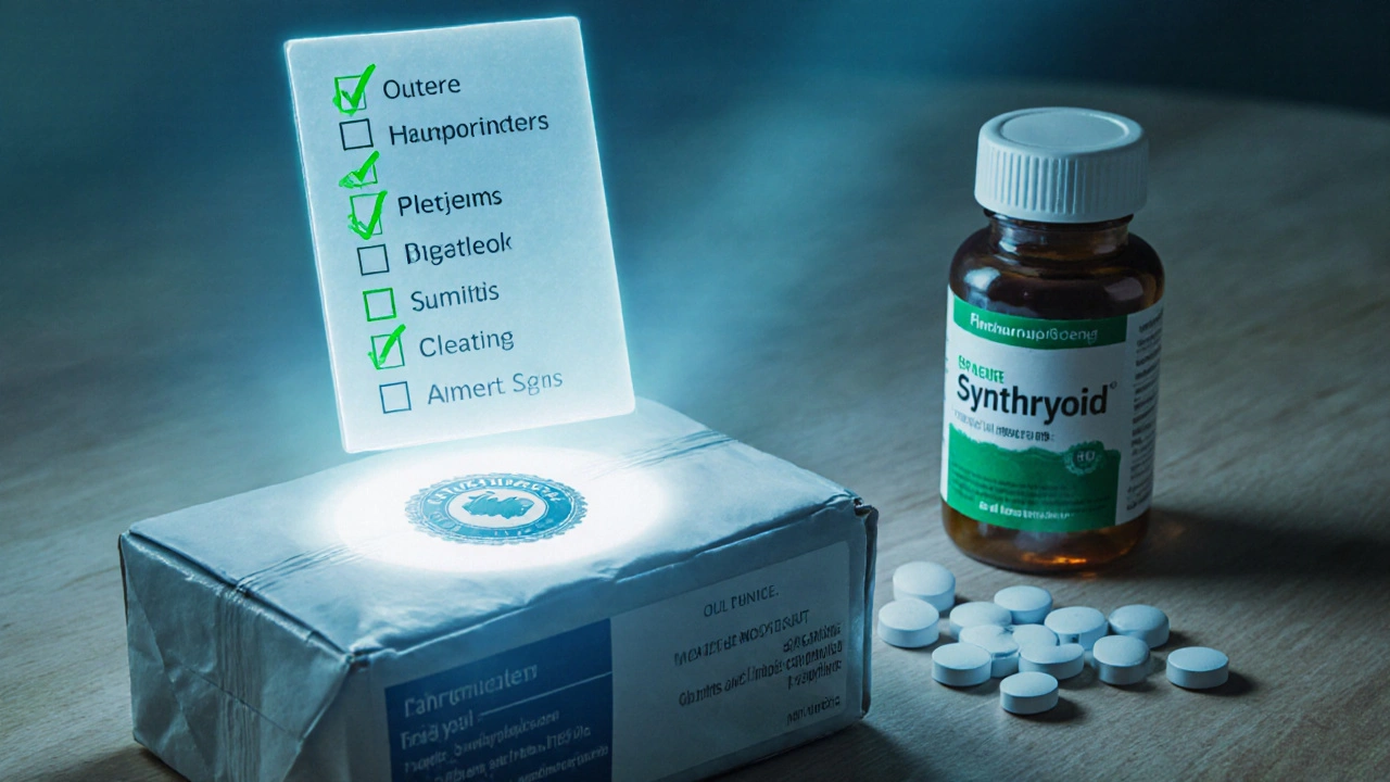 Close‑up of a delivered parcel with a glowing license badge and floating checklist beside Synthroid bottle.
