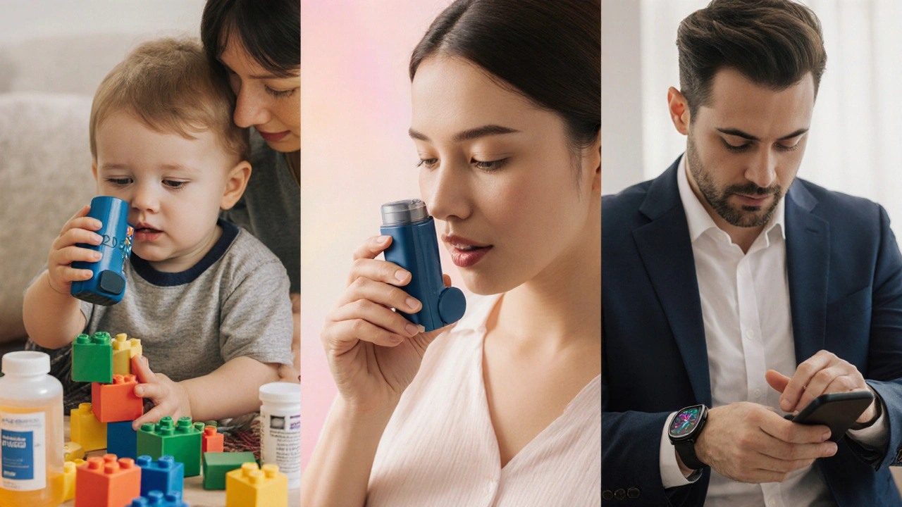 Collage of a child with DPI, pregnant woman with MDI spacer, and adult with once‑daily inhaler.