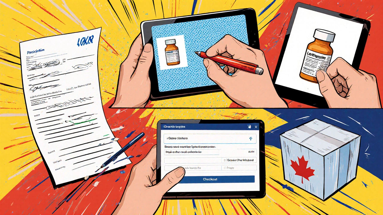 Comic‑style illustration showing prescription upload, medication selection, payment, and package delivery.