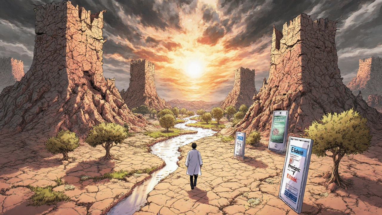 Cracked skin landscape with crumbling steroid towers and a healing oasis below.