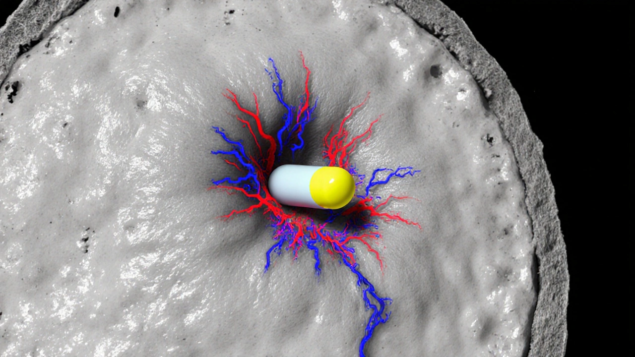 Cross‑section of skin showing inflamed acne pore with red and blue highlights.