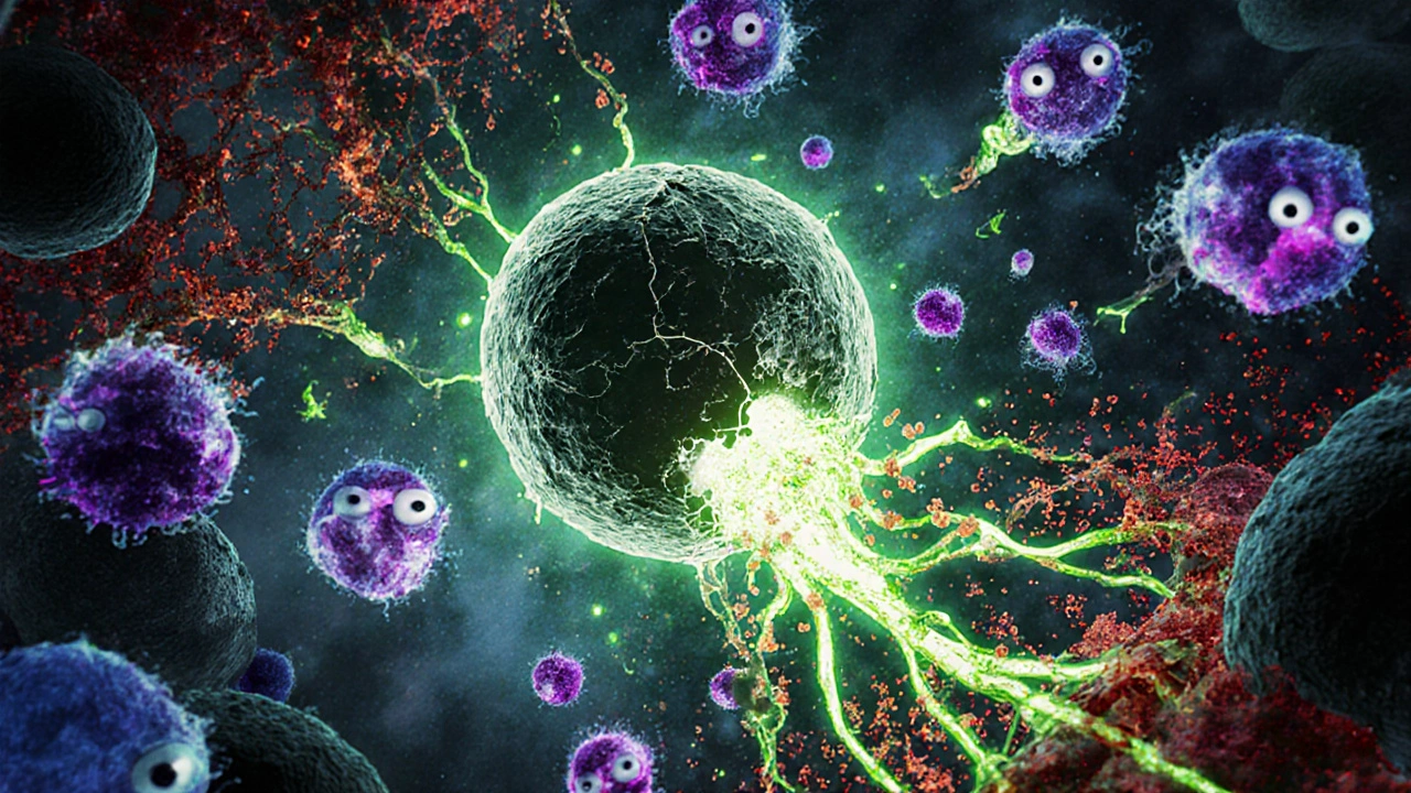 Damaged mitochondrion leaking ROS, neutrophils releasing toxic droplets, DNA and membranes showing damage.