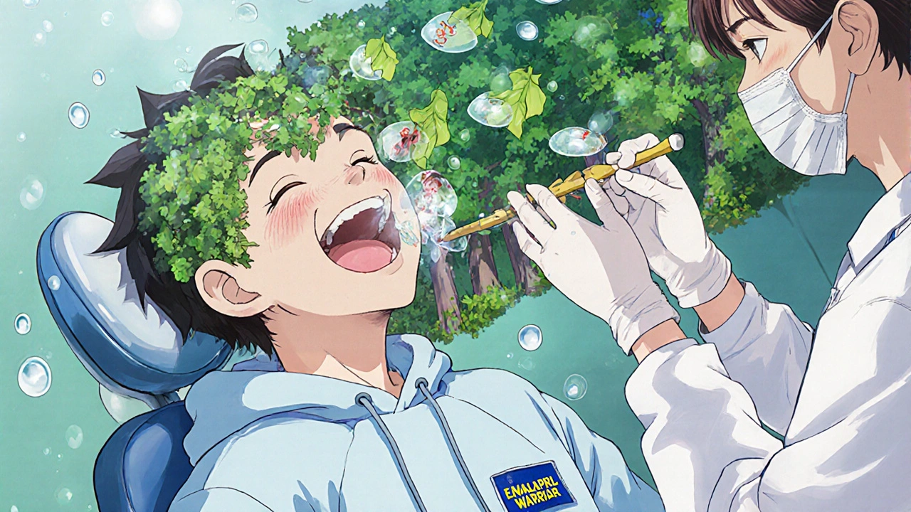 Dentist applying fluoride varnish as saliva droplets turn into leaf shields