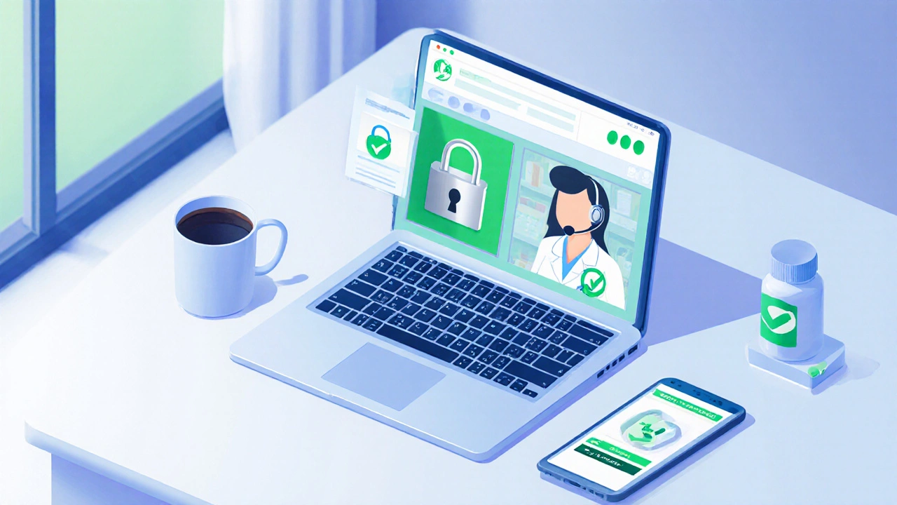 Desk with laptop showing pharmacy verification icons and pharmacist silhouette.