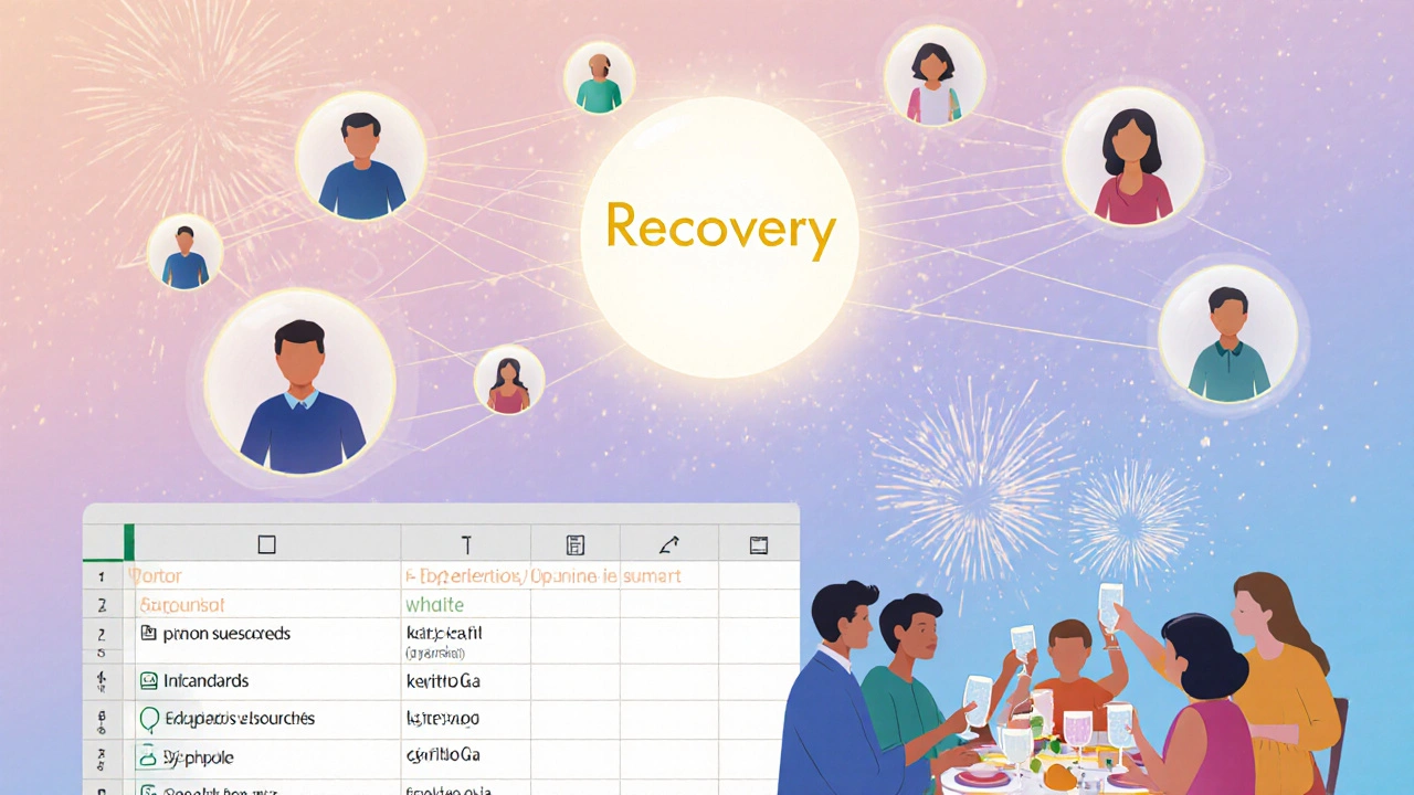Digital illustration of a glowing network web with icons for support pillars and a celebratory dinner.