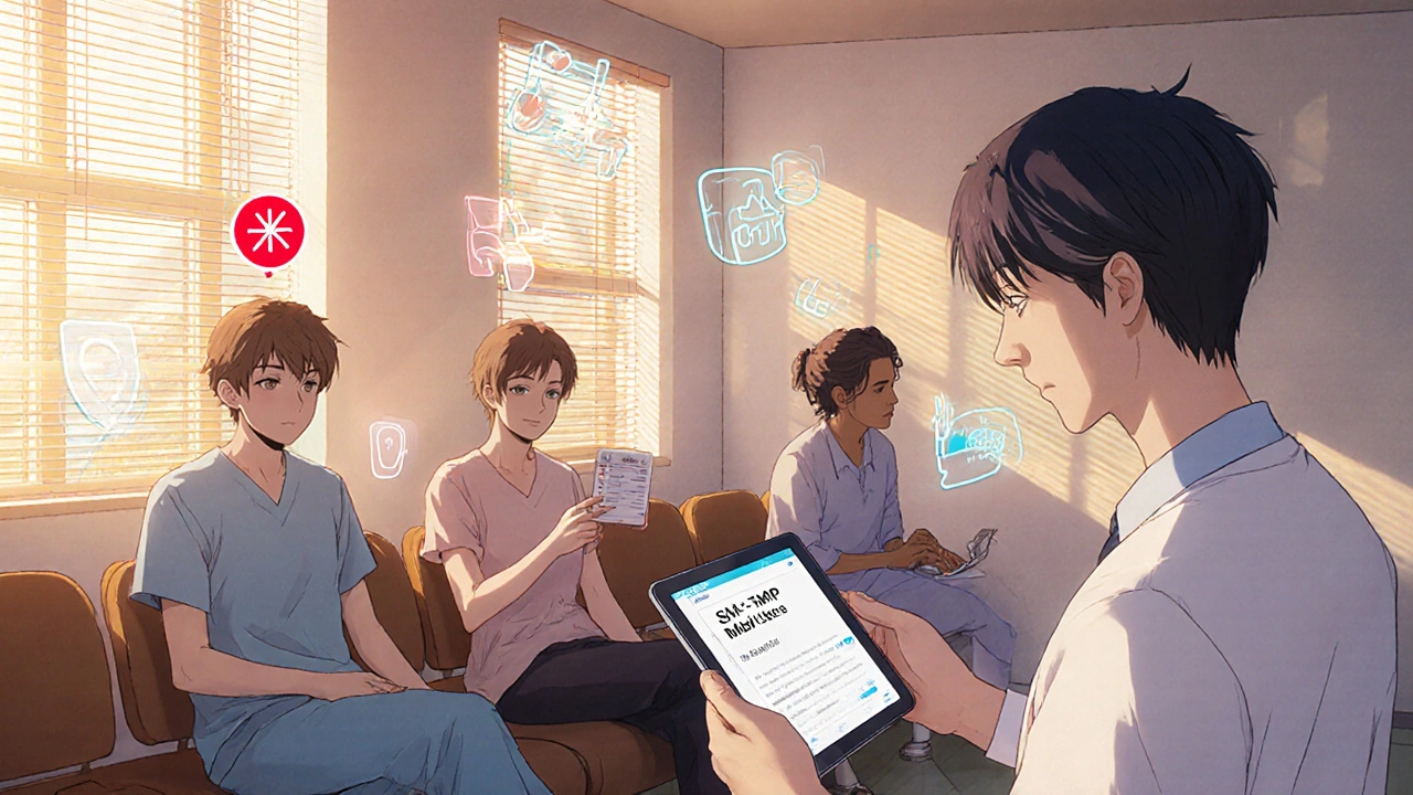 Diverse patients in a clinic with a doctor presenting SMX-TMP as a backup treatment.