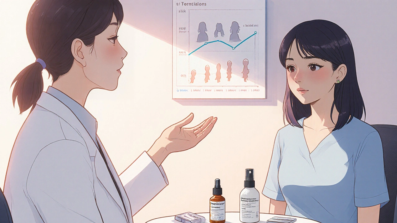 Doctor consulting woman, showing dutasteride pills, minoxidil, and contraception, hopeful mood.