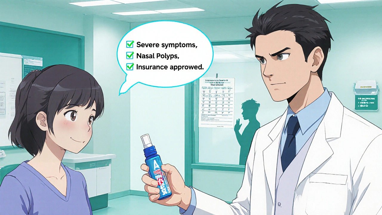 Doctor gives patient a Nasonex spray; thought bubble shows symptom and insurance checklist.