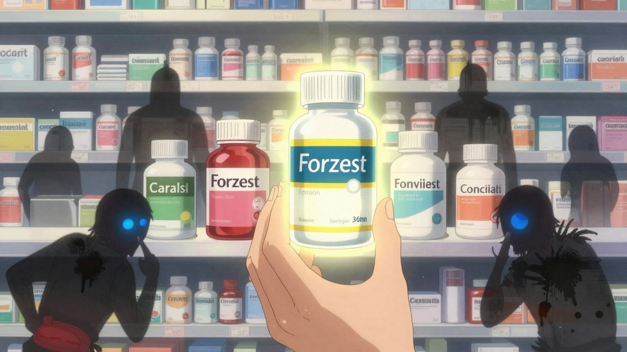 ED medication bottles on a shelf as warriors, with Forzest glowing brightly while side effects fade away.