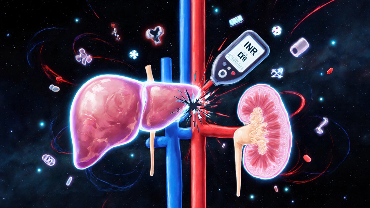 Glowing liver and kidney organs with clashing fluid streams and shattered INR meter floating in a cosmic medical landscape.