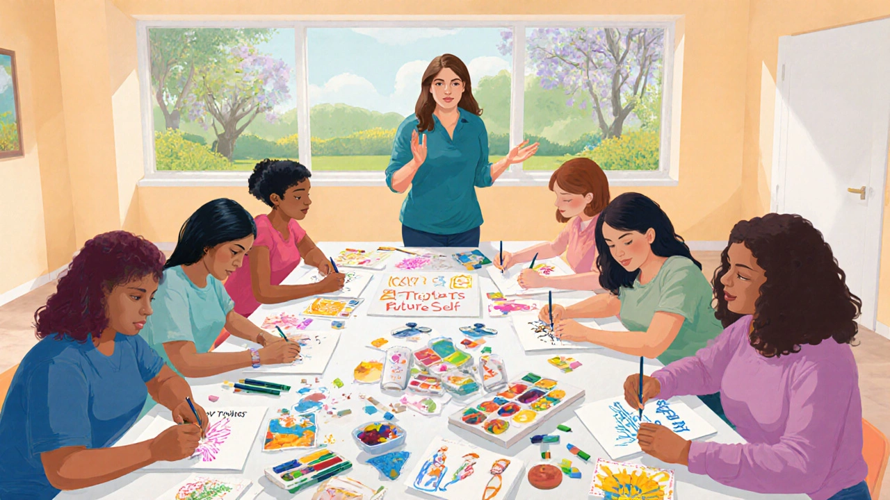 Group art therapy session with diverse participants creating works about triggers and future self.