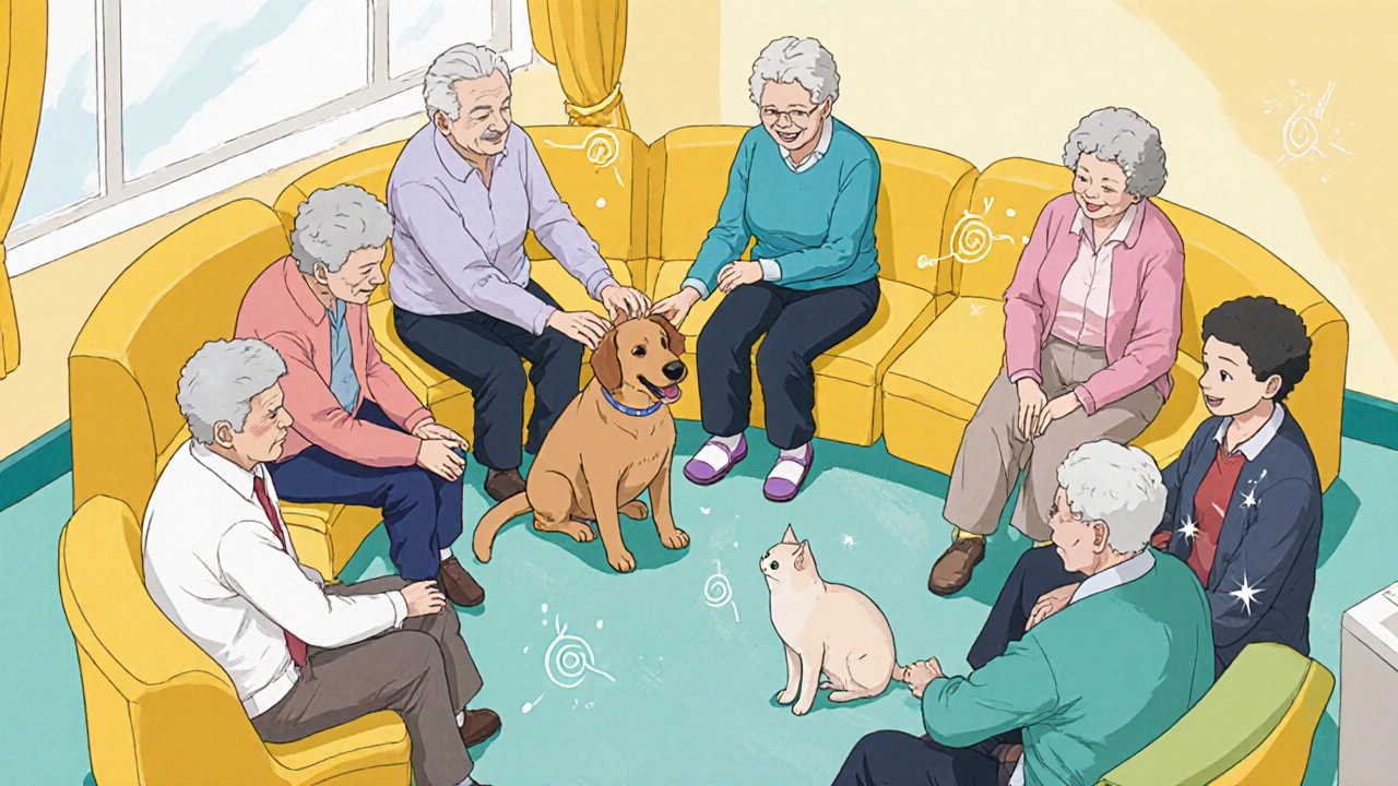 Group of seniors interacting with a therapy dog and cat in a bright activity room, highlighting joy and social engagement.