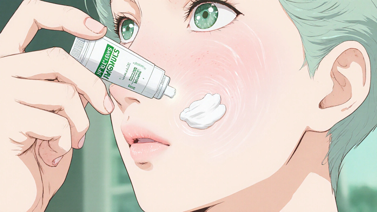 Hand applying a pea‑sized amount of cream in thin circles on a cheek patch.