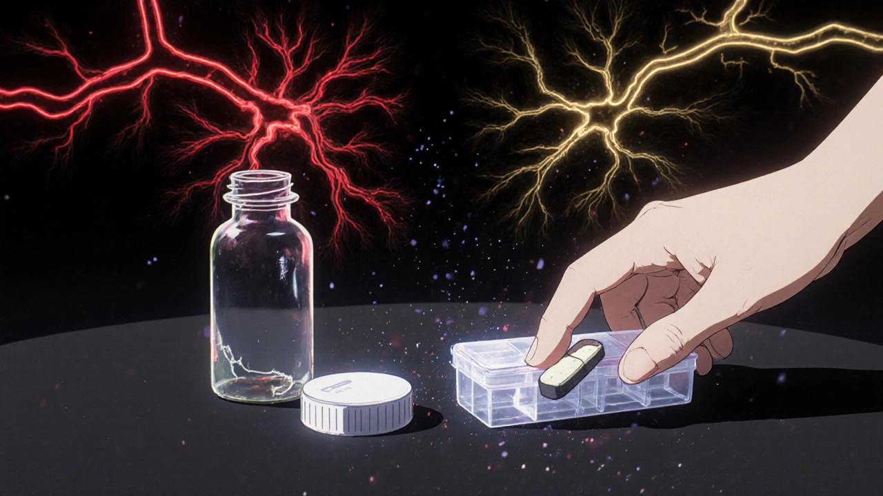 Hand placing methadone tablet beside broken morphine bottle with glowing neural pathways in background.
