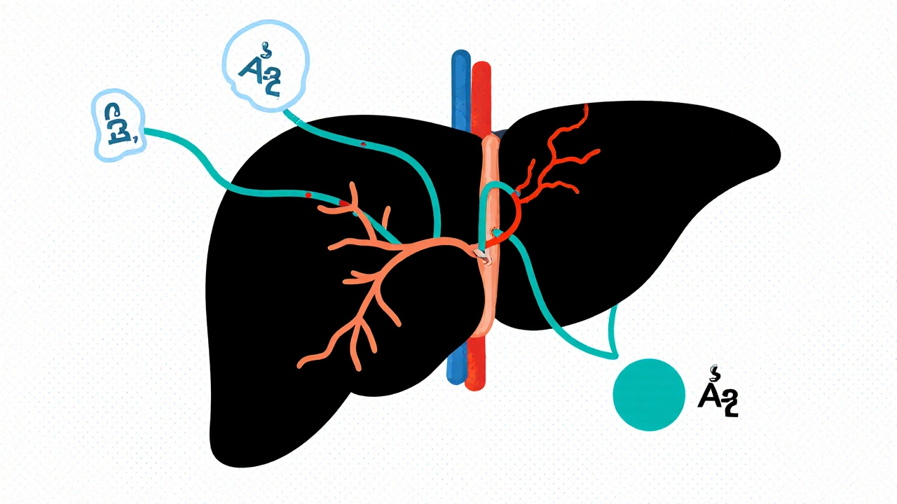 High‑contrast liver with highlighted enzyme pathways and fading melatonin molecule.