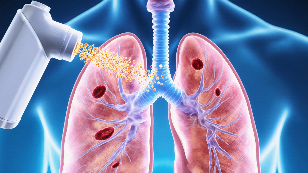 Illustration of beclomethasone particles activating in inflamed bronchial airways, reducing inflammation.