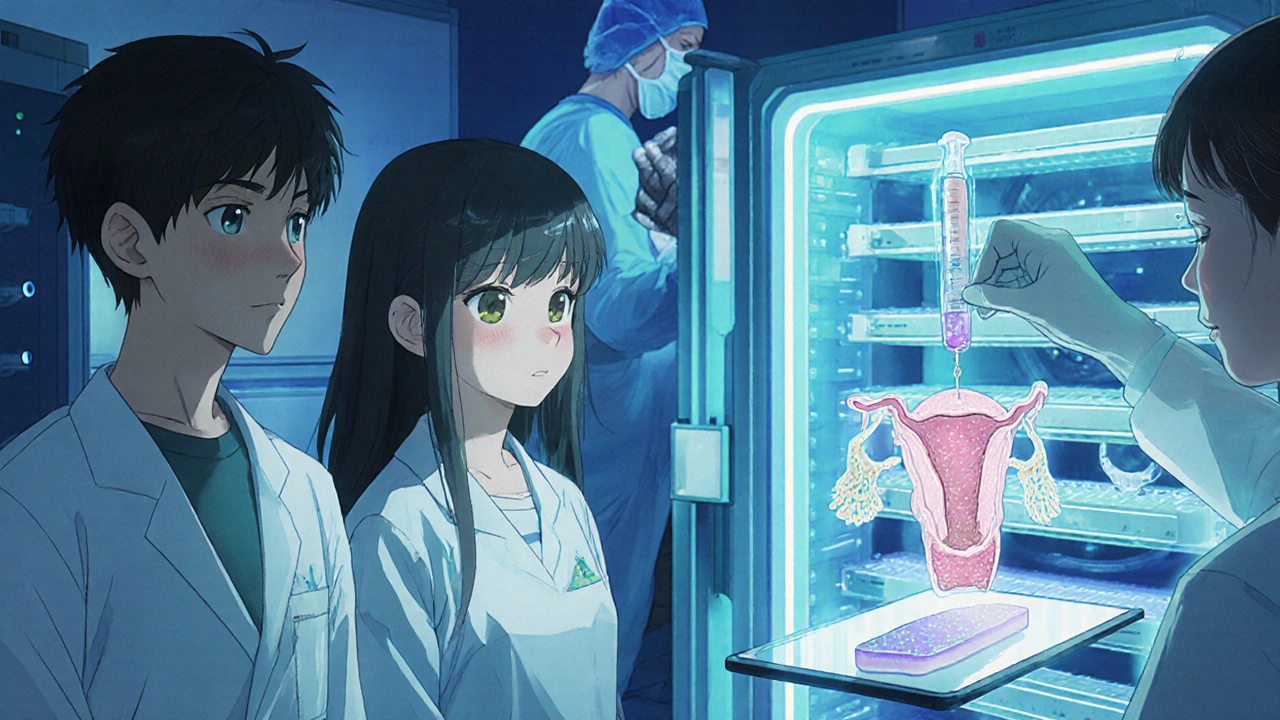 Lab scene showing sperm and egg cryopreservation procedures in anime style.