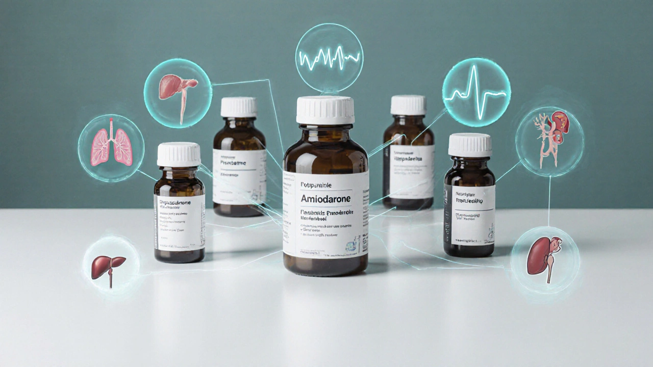 Lineup of eight medication bottles with organ icons linked to each drug.