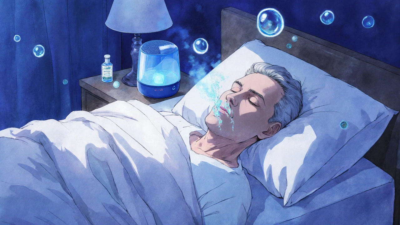 Man sleeping with humidifier, glowing saliva droplets floating above him
