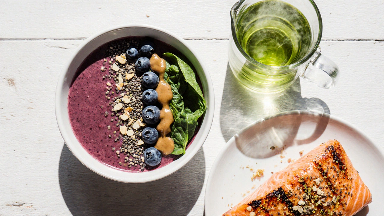 Overhead view of a smoothie bowl with berries, spinach, almond butter, green tea, and grilled salmon on a table.