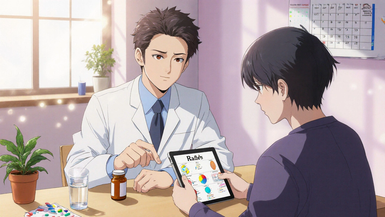 Patient and doctor discussing medication list at a kitchen table, emphasizing prevention.