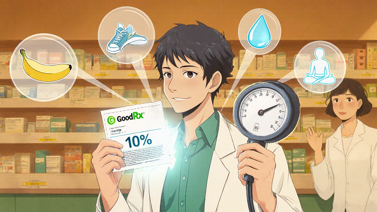 Patient at pharmacy with coupon and lifestyle icons lowering their blood pressure gauge.