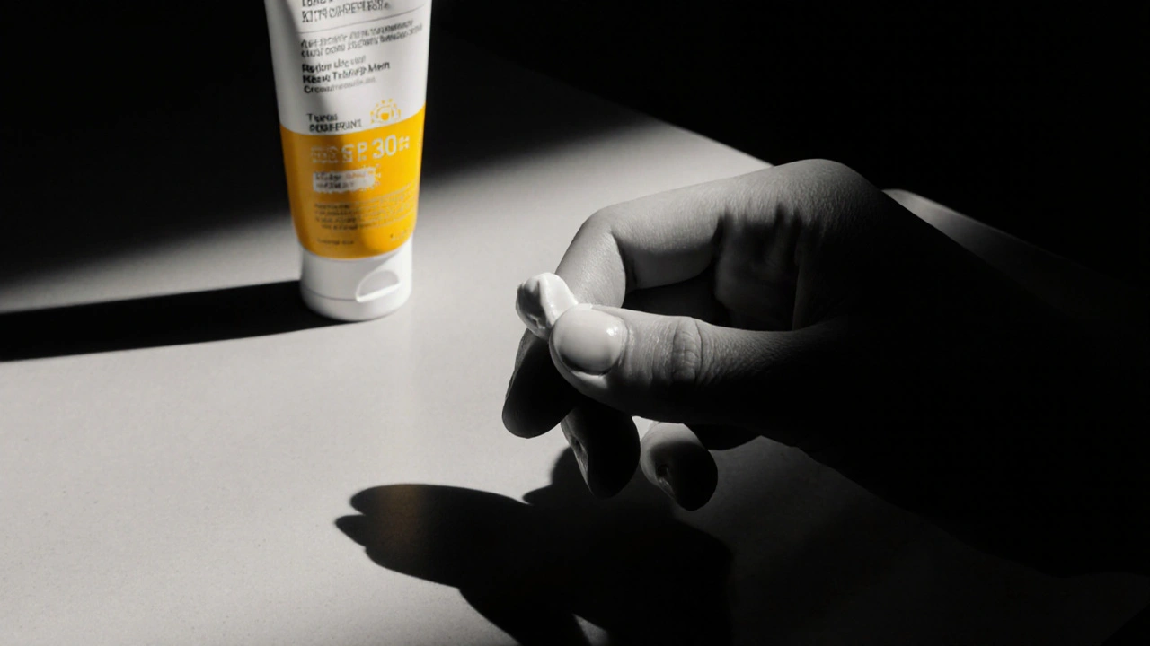 Person applying mometasone to a small facial area with sunscreen tube nearby.