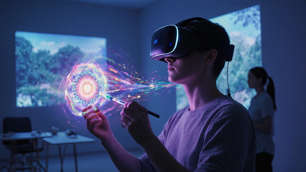 Person in VR headset painting a glowing 3D mandala in a futuristic rehab center.