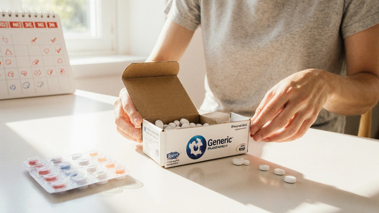 Person opening a box of tablets next to an INR test kit and calendar.