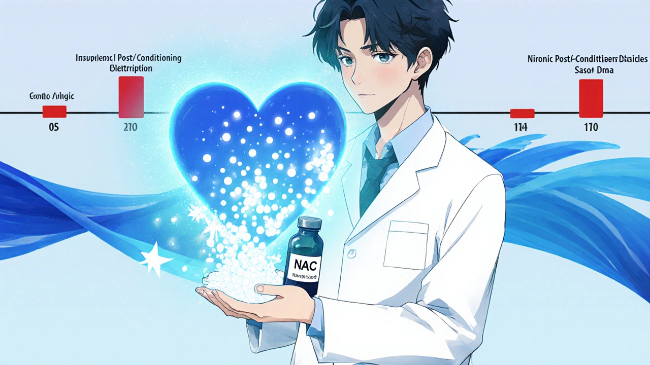 Physician with antioxidant vial protecting a heart, blue‑green NO wave, illustrating therapy strategies.